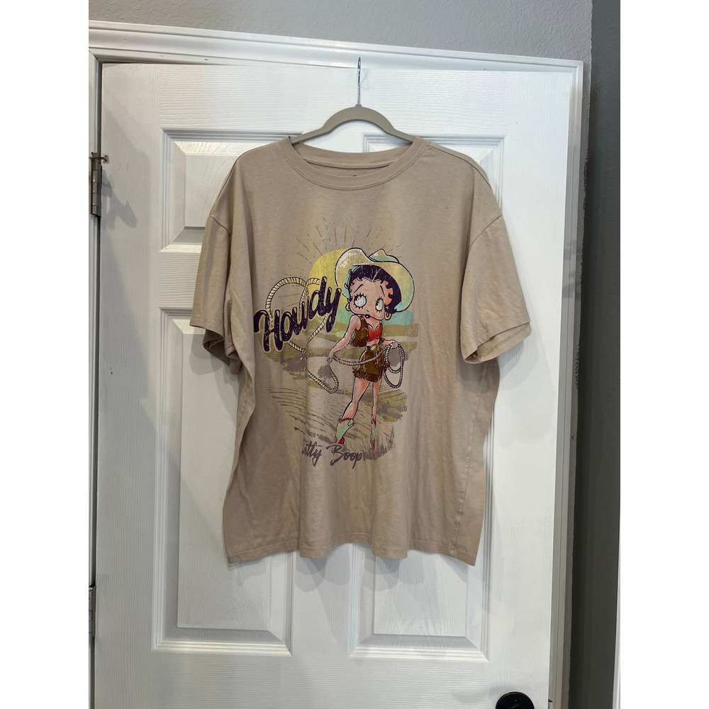 Fleischer Studios Betty Boop Graphic T-Shirt Cotton Blend Tan Cowgirlcore Retro
